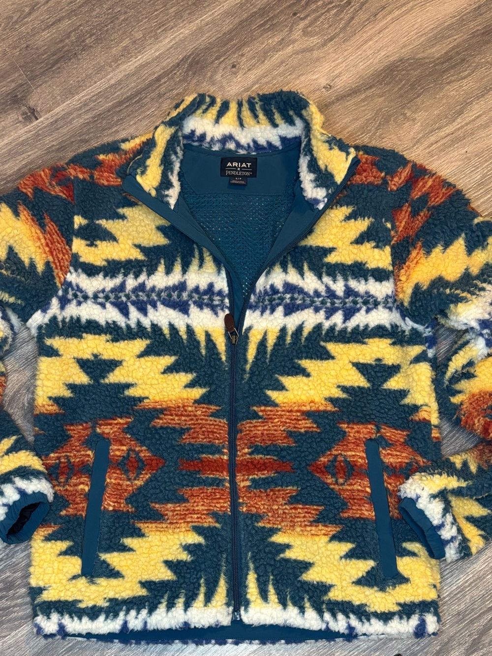Ariat x Pendleton Men’s Teal, Yellow & Rust Geometric Sherpa Zip-Up Jacket
